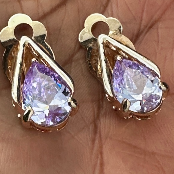Vintage Gold toned and Purple Teardrop Earrings